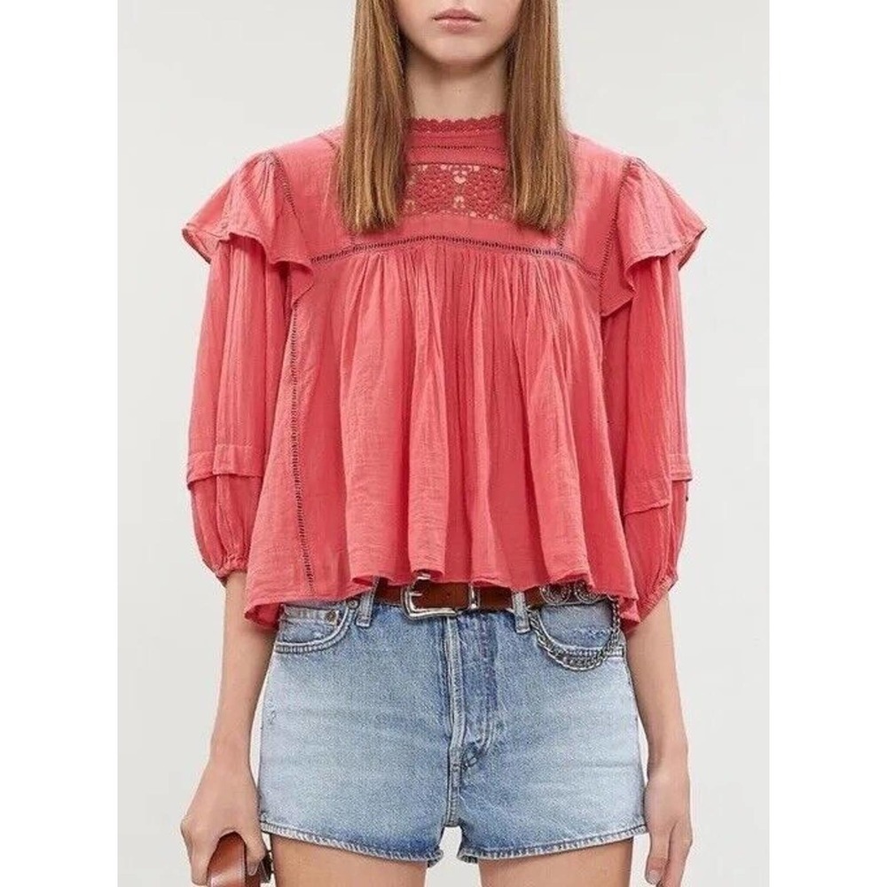 Free People Laura Western‎ Ruffled In Coral Top Bohemian Festival Womens Small